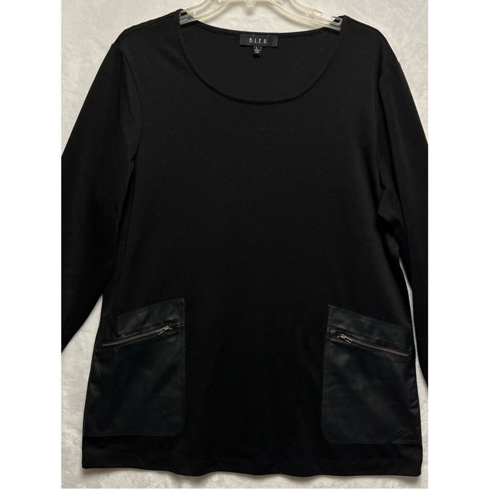 B.L.E.U. Tunic Top Womens L Black Long Sleeve Scoop Neck Zip Pocket
